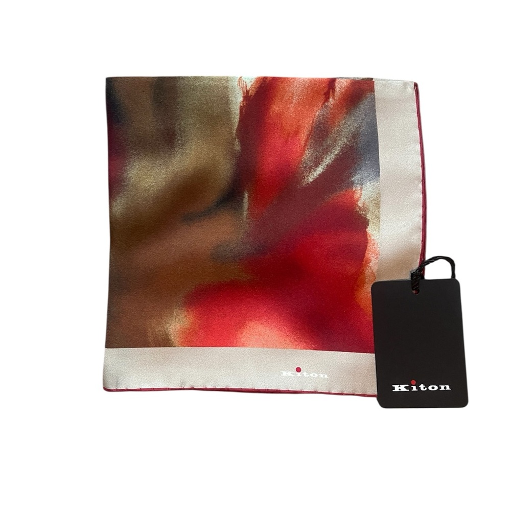 NWT Kiton Pocket Square 100% Silk Beige/red Pocket Square 15x15